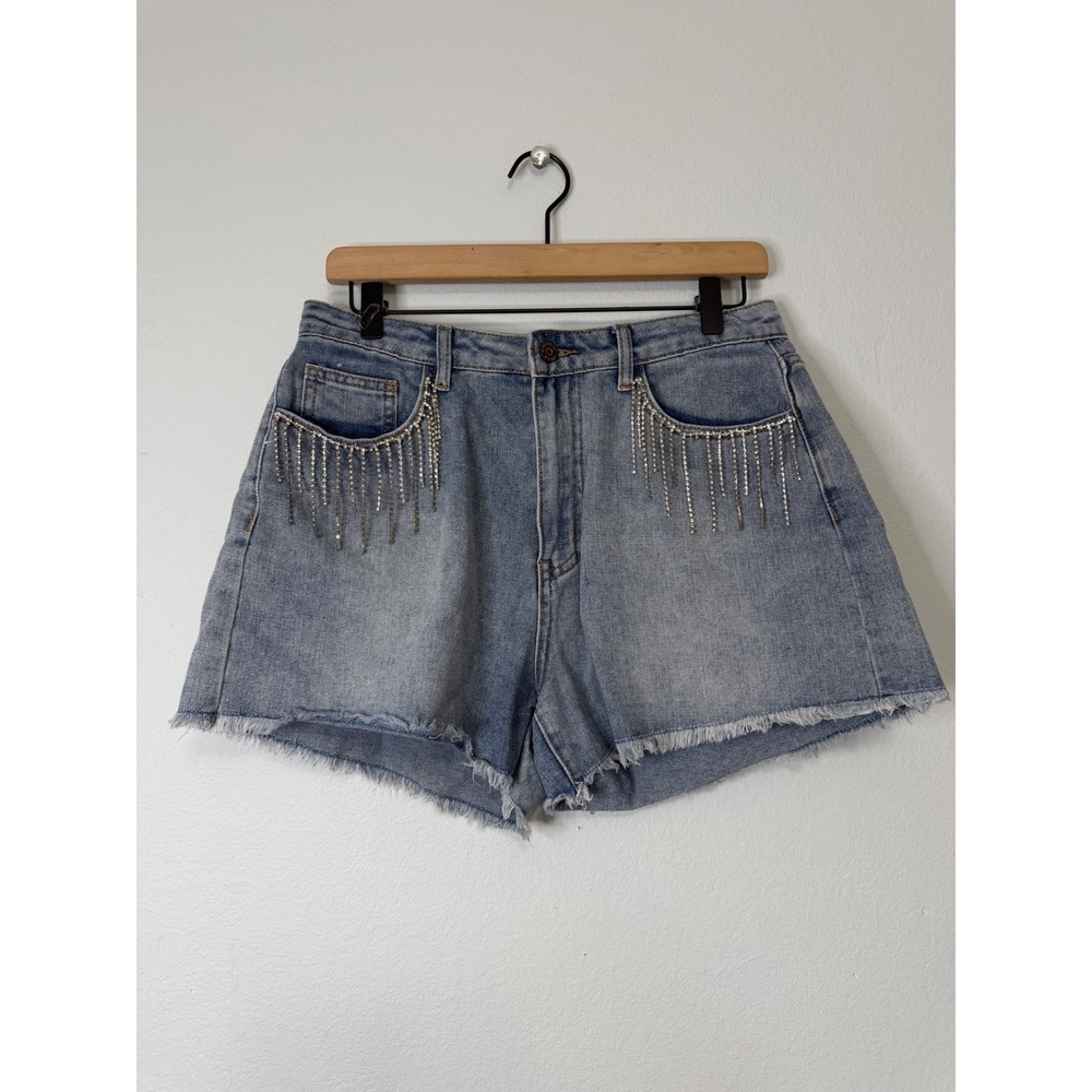 Sincerely Jules - Rhinestone‎ Detail Cut Off Denim Shorts Concert Festival Glam